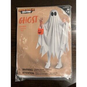 Child Ghost Costume Halloween w/ Pumpkin Bag Boys  Girls Poncho Sz Medium 8-10 M